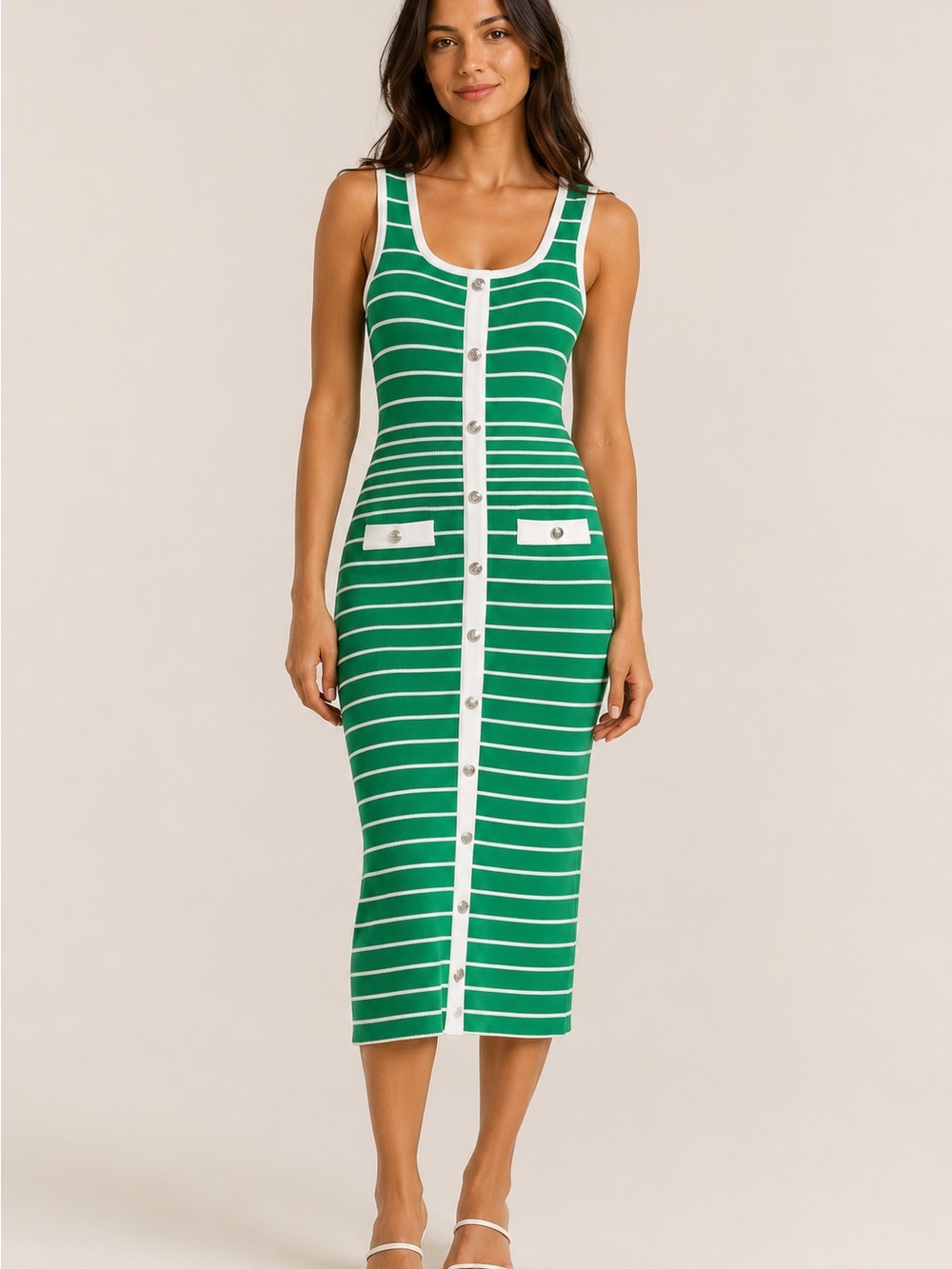 Madden Girl Green and White Striped Midi Tank Dress